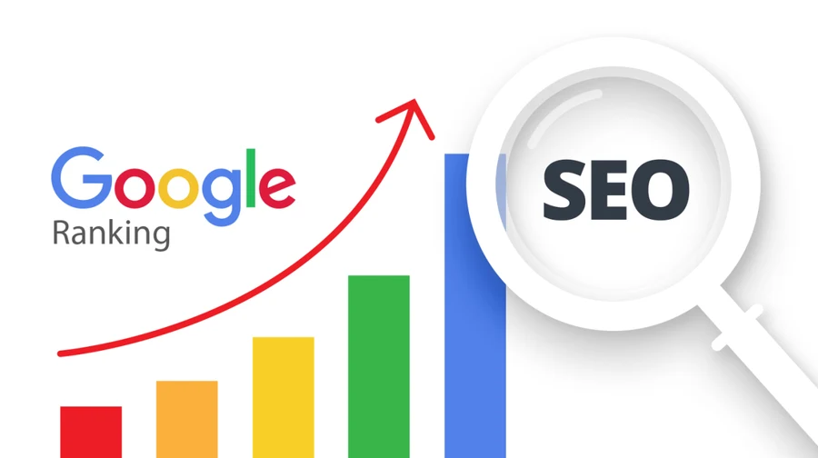 Google SEO ranking chart with magnifying glass showing SEO