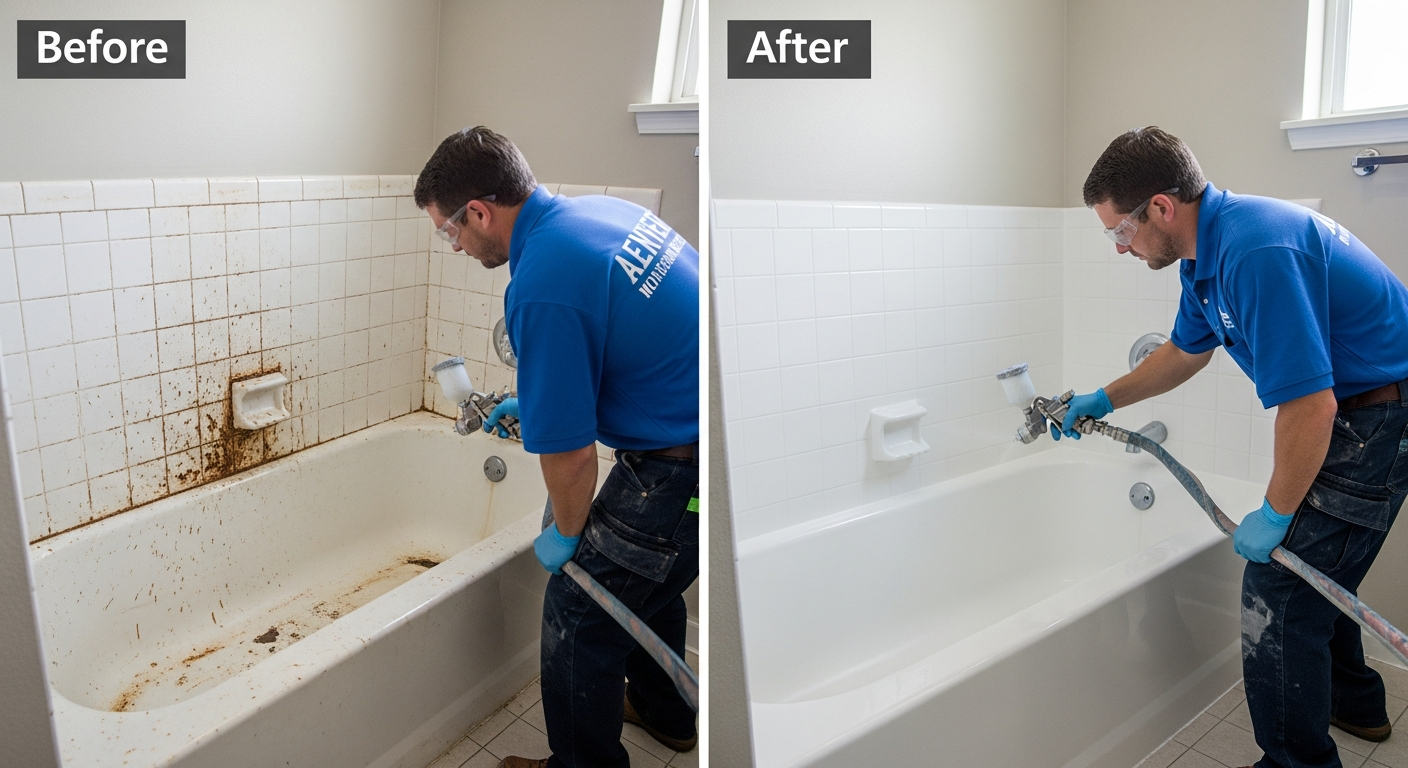 Professional bathtub refinishing and tile reglazing — Southern States Refinishing contractor at work