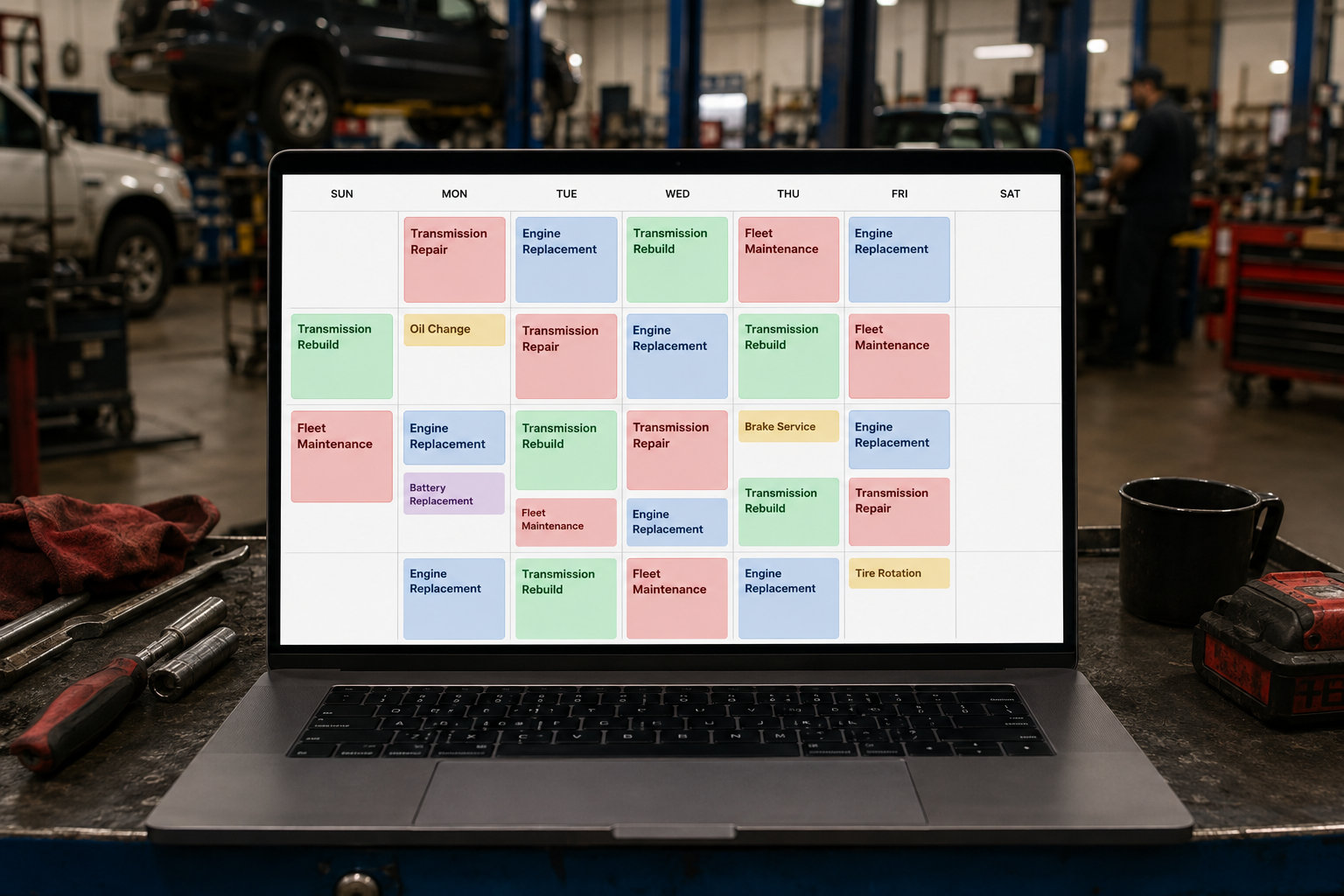 Auto repair shop laptop with scheduling calendar showing Google SEO revenue opportunity