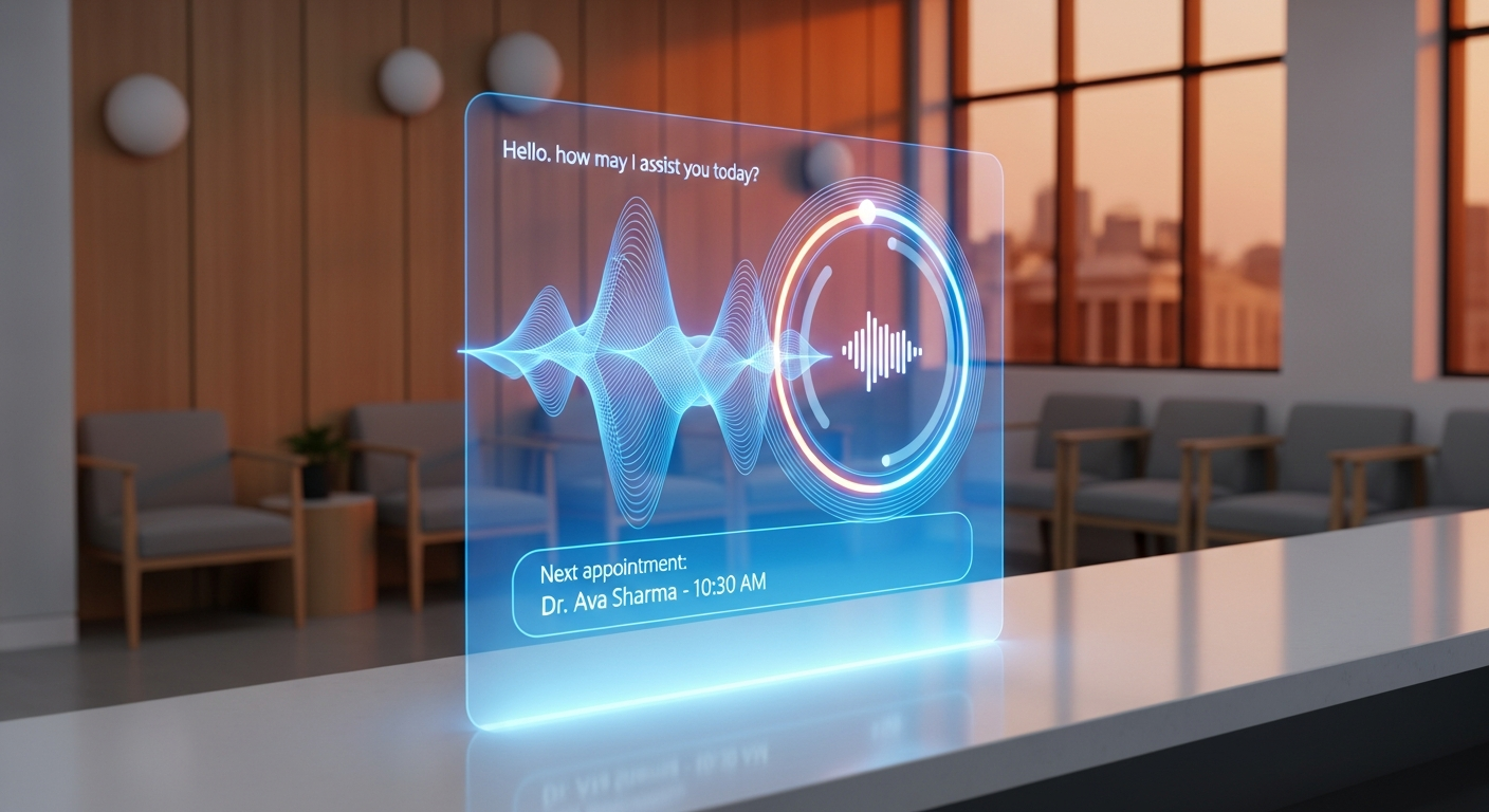 Modern dental office reception with AI voice agent technology handling patient calls