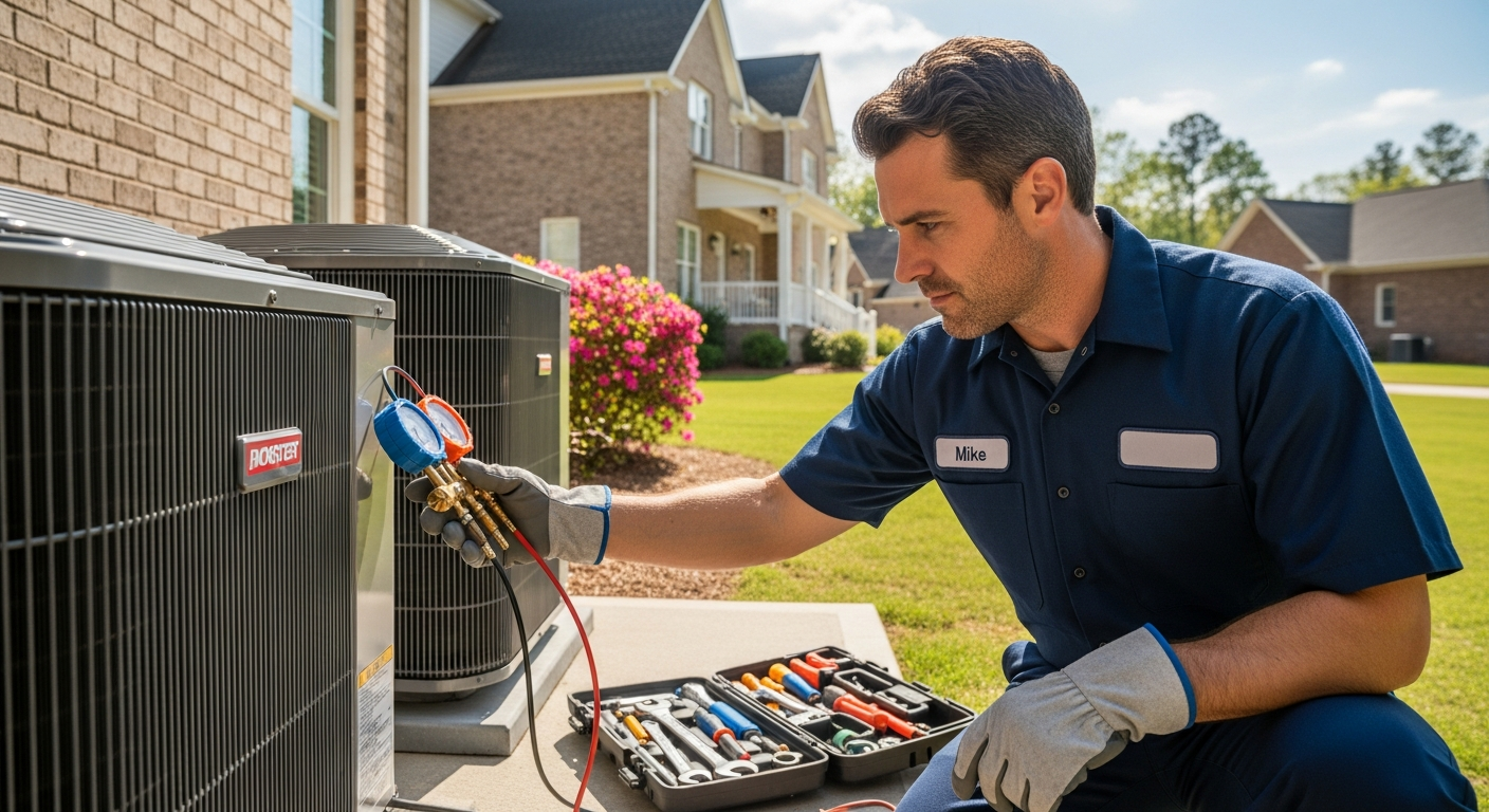 HVAC technician servicing an air conditioning unit in Gwinnett County Georgia