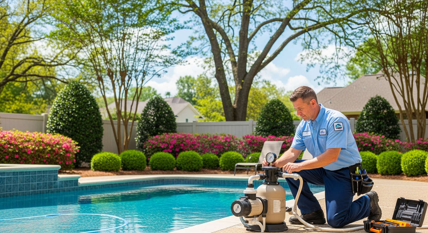 Pool service technician maintaining a residential swimming pool in the Atlanta metro area