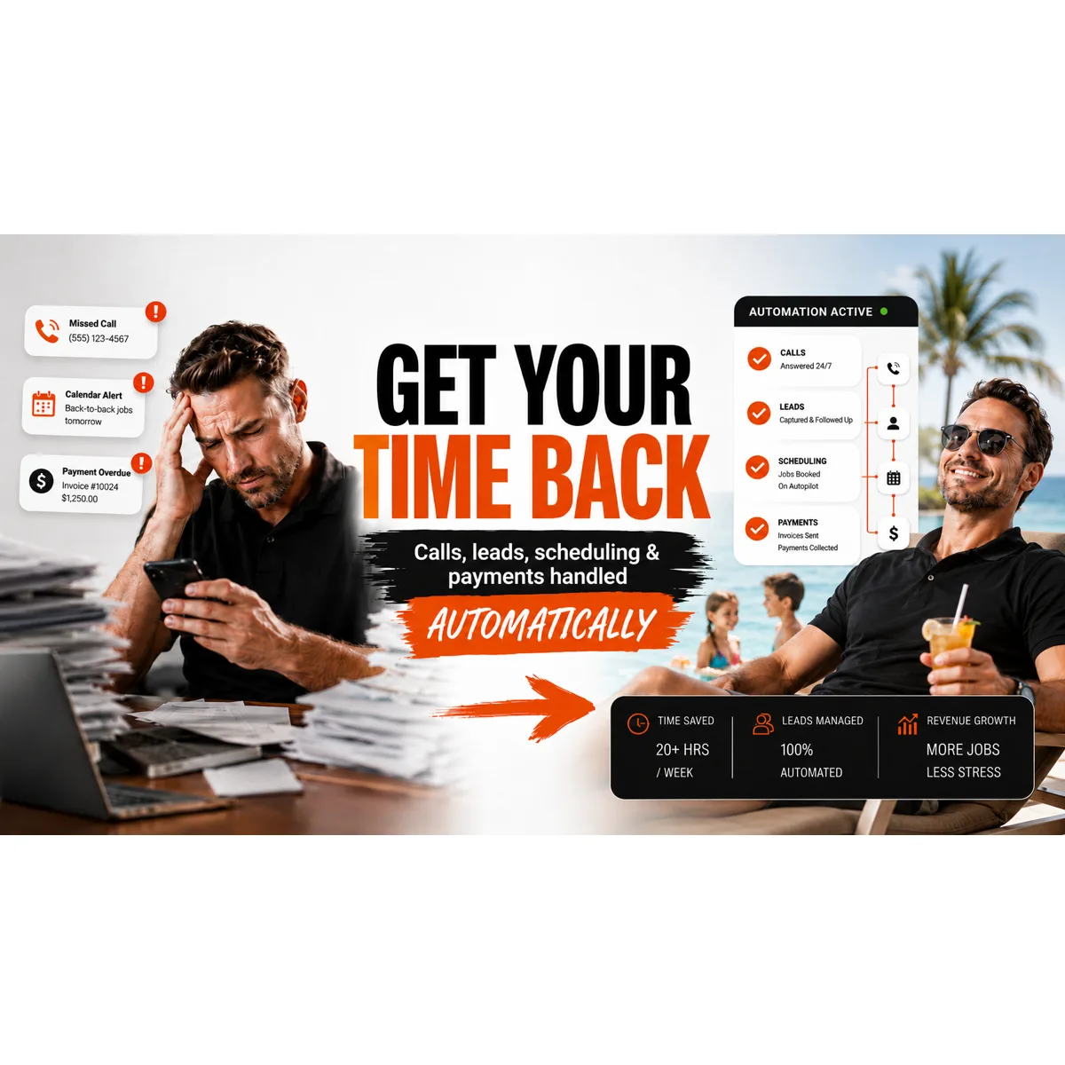 Service business owner stressed at desk vs relaxed on vacation after automating calls, leads, scheduling, and payments