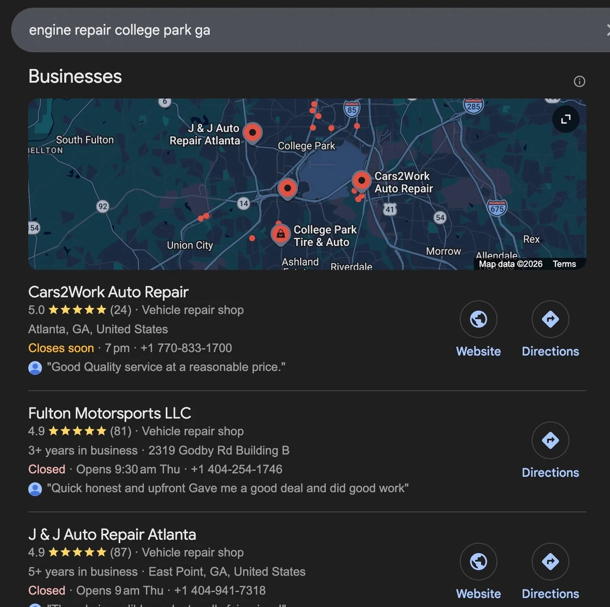 Google search result showing Cars2Work Auto Repair ranked #1 for "engine repair college park ga" with 5.0 stars from 24 reviews