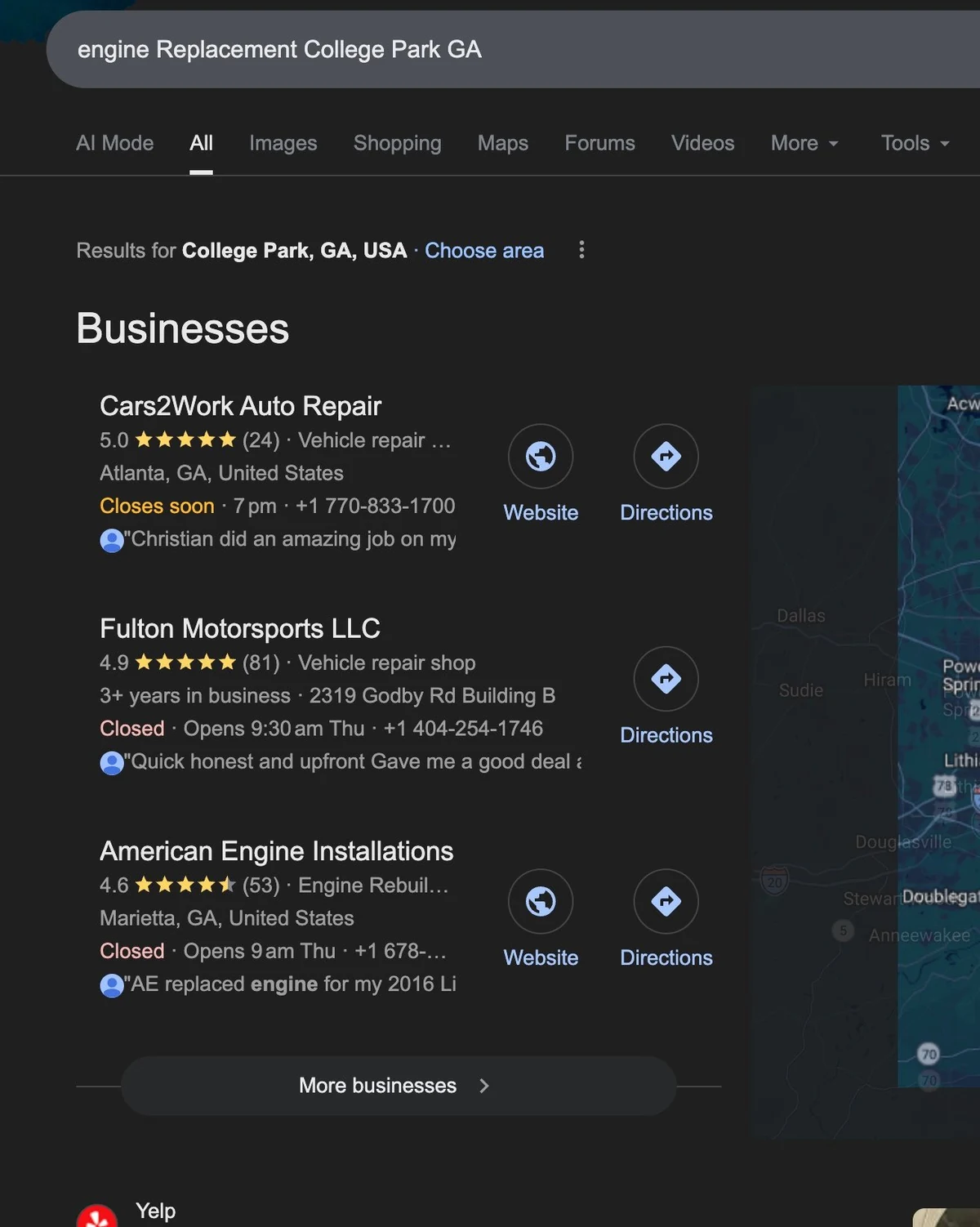 Google search result showing Cars2Work Auto Repair ranked #1 for "engine replacement college park ga"
