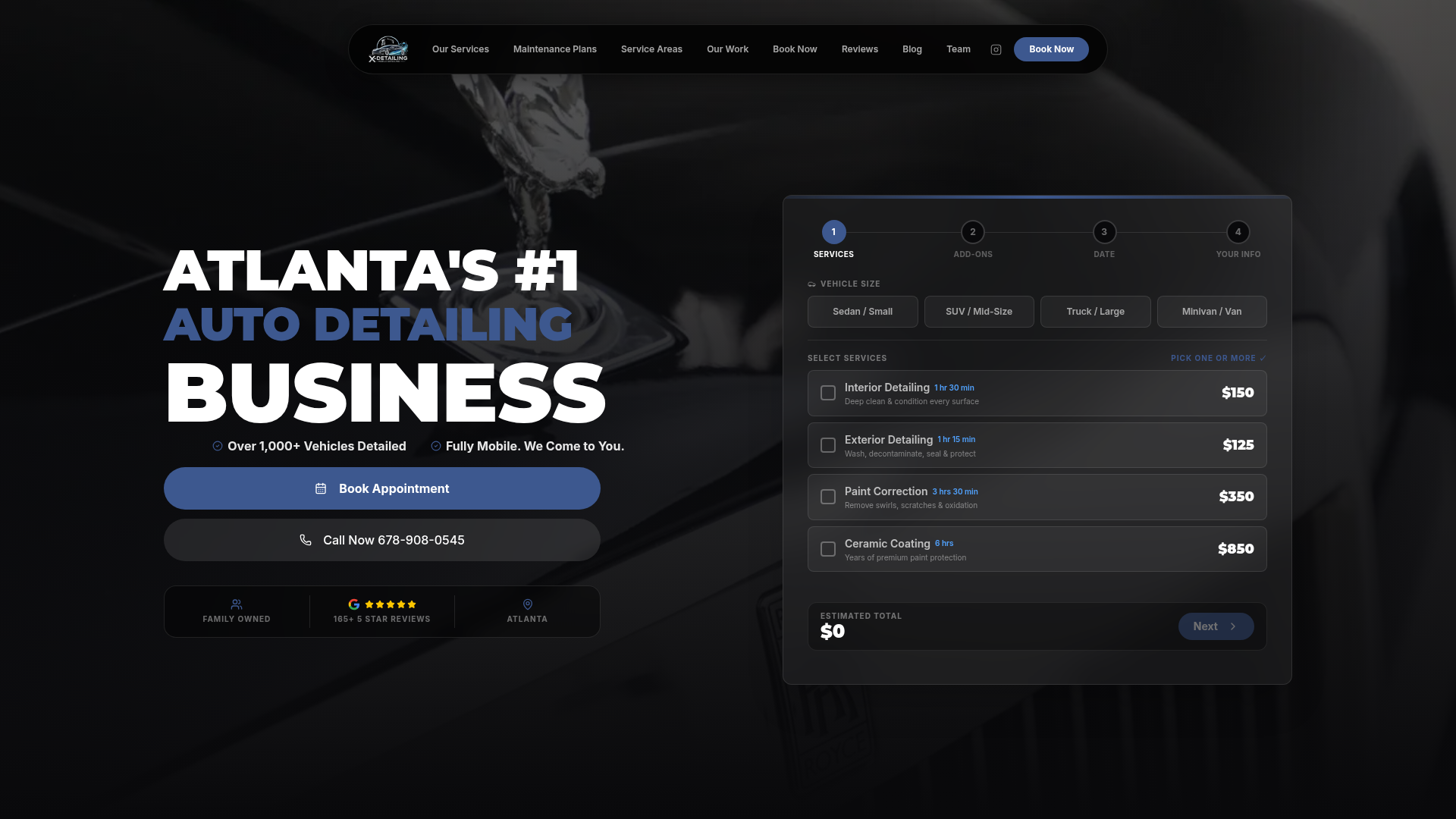 Website screenshot of a Sitement built auto detailing homepage