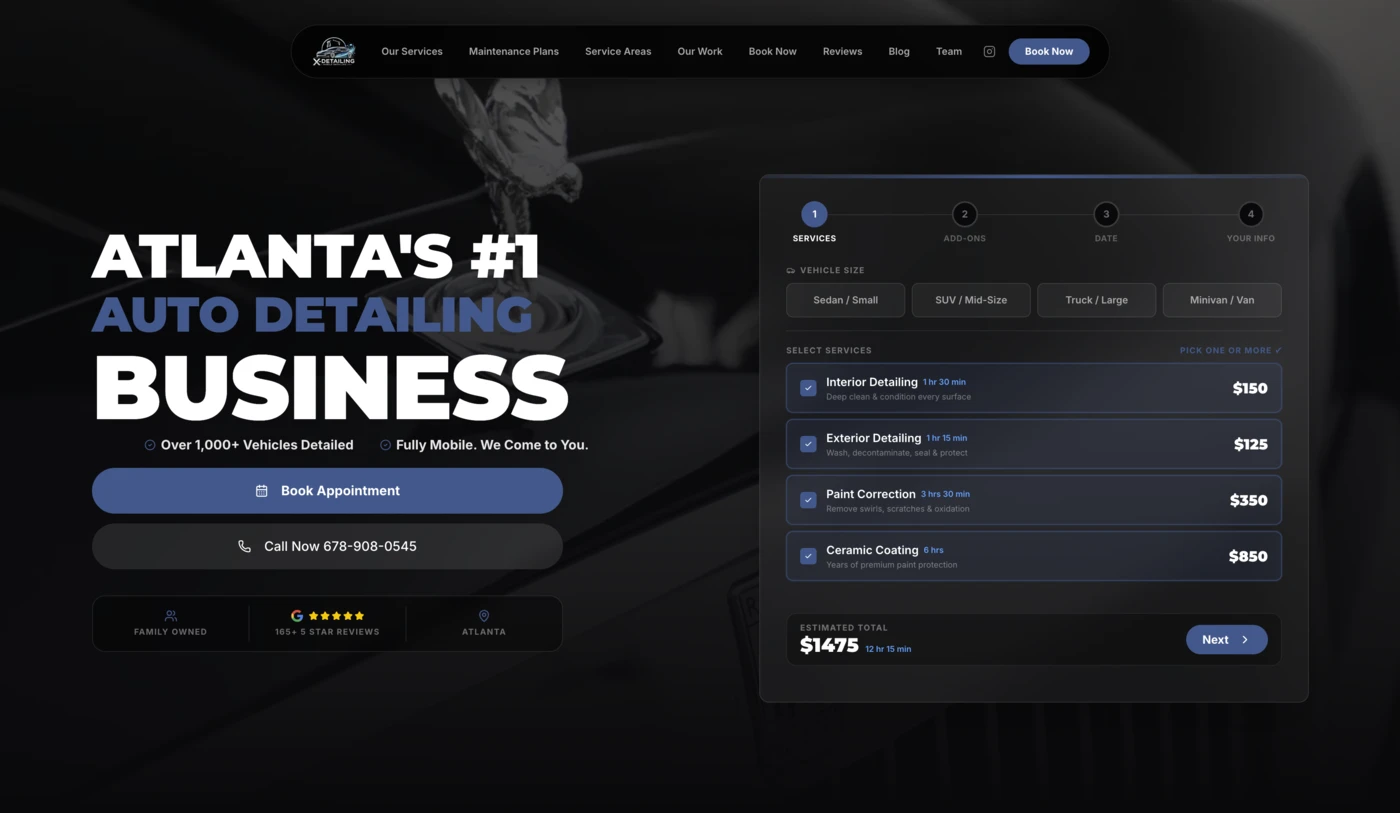 X-Detailing mobile auto detailing website after Sitement redesign showing online booking system and full service navigation
