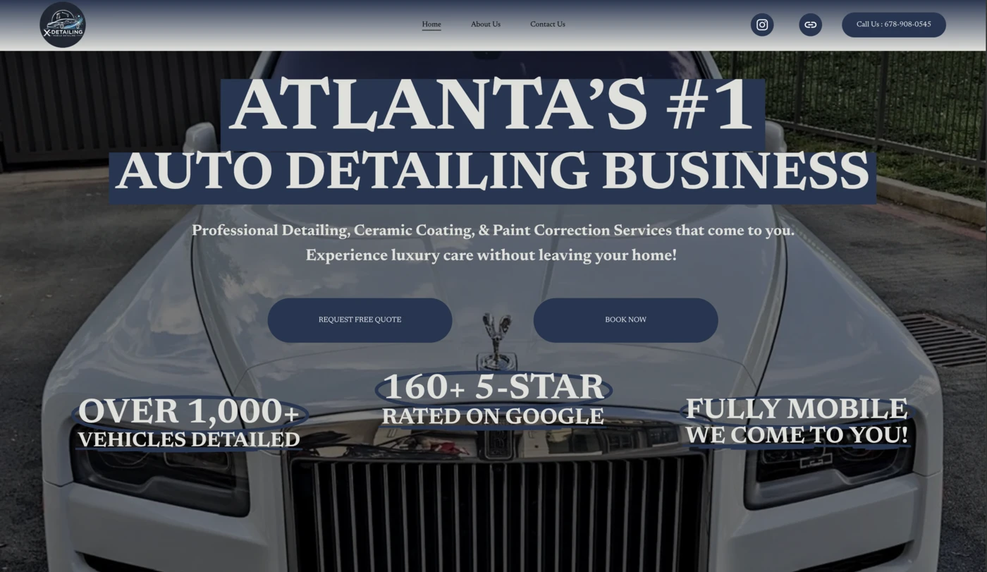 X-Detailing original website before Sitement redesign showing basic three page layout with Home, About Us, and Contact navigation
